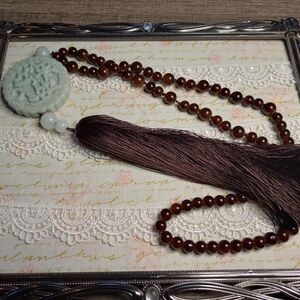 Elegant Brown Beaded Necklace with Gardenia Celadon Pendant